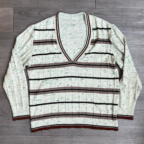 Vtg 70s V Neck Knit Sweater Space Dyed Collegiate Striped Acrylic Retro Size L - Picture 1 of 4